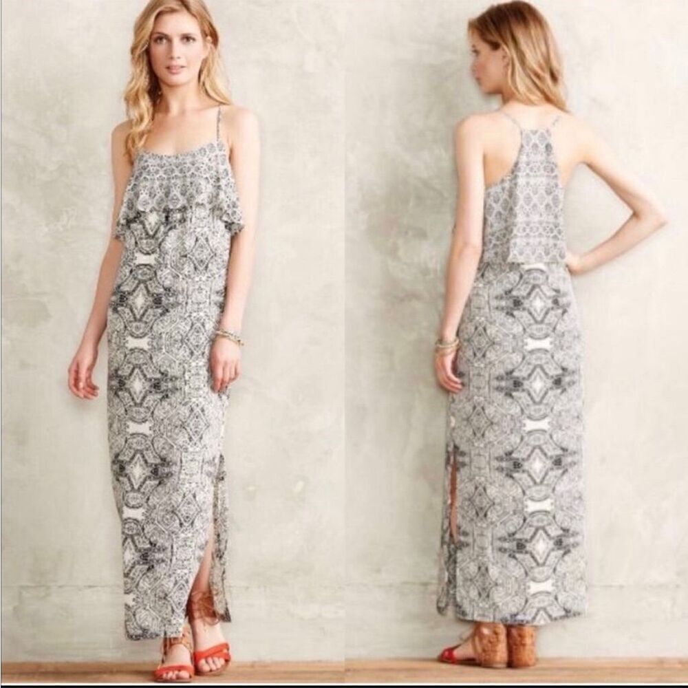 Anthropologie Vanessa Virginia Cream & Black Print Maxi Dress Size 4